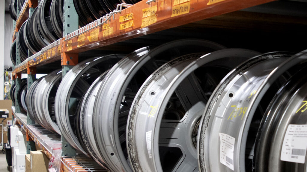 Wheel inventory at Rubicon Automotive Group staged for delivery.